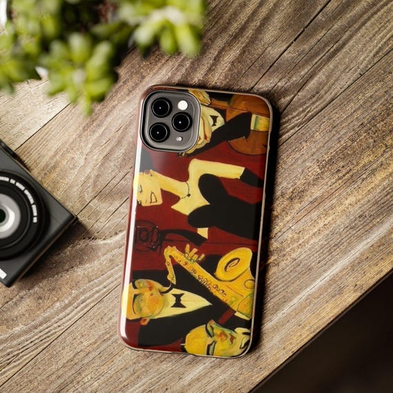 Vintage Jazz phone case | Retro saxophone artwork, notebook-style design