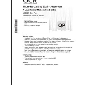 May include: A white exam paper from OCR, Oxford Cambridge and RSA, for A Level Further Mathematics B (MEI). The paper includes instructions, information, and advice for the exam. The total mark for the paper is 144.