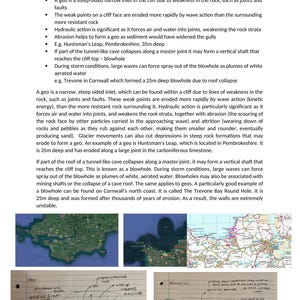 May include: Image of a geology lesson with handwritten notes, diagrams, and maps explaining the formation of geos and blowholes. Includes examples like Huntsman's Leap, 35m deep, and Trevone Bay Round Hole, 25m deep.