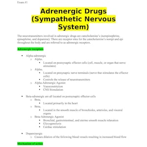 Farmakologiprov 1 Översikt Adrenergiska Kolinerga Antikolinerga & Diuretiska Läkemedel Studieguide PDF