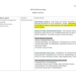 Puede incluir: Una página blanca de un plan de examen de farmacología, titulada "NSG 124 Farmacología EXAM I Test Plan". La página incluye secciones sobre la definición de objetivos, la identificación de intervenciones y la evaluación del éxito, con viñetas y texto resaltado.