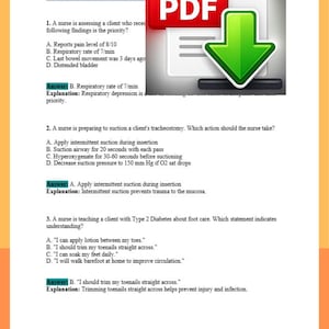May include: A document with nursing exam questions and answers. The PDF icon is red with a white outline and the text "PDF". A green arrow points down. The text includes "Verified Questions and Answers 2025" and "100% Success Guaranteed".