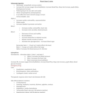 Puede incluir: Una hoja de notas manuscrita titulada "Pharm Exam 2 notes". Las notas cubren los agonistas adrenérgicos, incluidos los receptores alfa y beta, y el fármaco epinefrina. El texto incluye listas de efectos, efectos secundarios y contraindicaciones.