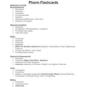Puede incluir: Un papel blanco titulado "Pharm Flashcards" con una lista de medicamentos y sus efectos. La lista está organizada por clase de fármaco, incluyendo benzodiacepinas y ISRS. El texto está en fuente negra.
