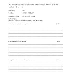 Può includere: Un documento bianco con testo nero del TVET Curriculum Development, Assessment and Certification Council. Il documento include istruzioni e domande sull'inquinamento ambientale e sui rifiuti pericolosi.