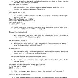 Puede incluir: Un documento titulado "NSG 124 Final Exam" con preguntas de examen de enfermería. Las preguntas cubren temas como los efectos de los medicamentos, las reacciones adversas y la atención al paciente. El texto es en negro.