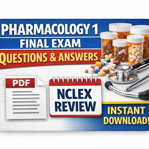 Puede incluir: Una imagen que promociona materiales de estudio de farmacología. El título dice "Farmacología 1 Examen Final Preguntas y Respuestas". La imagen incluye frascos de pastillas, pastillas, un estetoscopio y un icono PDF. También está presente el texto "NCLEX Review", junto con "¡Descarga instantánea!"