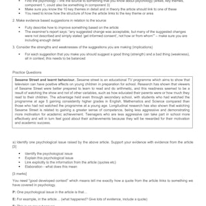 May include: A printed document with text, including instructions and practice questions about psychology. The text discusses the effects of Sesame Street on children's learning and behavior, and includes questions about psychological issues.