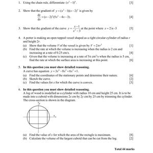 May include: A white paper titled "MEI A level Mathematics Differentiation" with mathematical problems. The document covers differentiation, volume calculations, and curve sketching. The total marks available are 44.