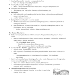 May include: A white page with black text detailing philosophical concepts. The text includes bullet points and sub-points discussing Plato's theories, the World of Forms, and the Analogy of the Cave. A small diagram is at the bottom.