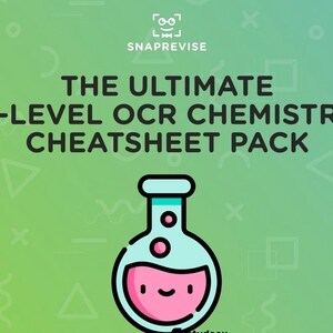 Könnte beinhalten: Grafik mit grün-blauem Farbverlauf im Hintergrund mit dem Text „THE ULTIMATE A-LEVEL OCR CHEMISTRY CHEATSHEET PACK“. Ein Cartoon-Kolben mit rosa Flüssigkeit und einem lächelnden Gesicht im Vordergrund.
