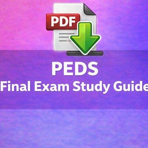 Puede incluir: Gráfico digital con un icono PDF, una flecha verde hacia abajo y el texto "PEDS Final Exam Study Guide" sobre un fondo degradado púrpura y rosa.