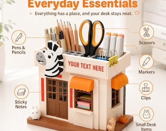 Organizador de escritorio personalizado con diseño de cebra, casa de almacenamiento impresa en 3D, letrero con nombre personalizado, portalápices adorable, regalo para guardar artículos de papelería