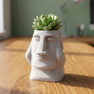 May include: A white, stone-like planter shaped like a Moai head, holding a green succulent plant. The planter is on a wooden desk, with a computer and lamp in the background. The planter is approximately 13 cm tall.
