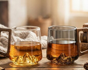 Puede incluir: Dos tazas de vidrio transparente con asas de madera, llenas de líquido ámbar. La base de cada taza presenta un diseño de montaña. Las tazas están sobre una superficie de madera, con un fondo acogedor.
