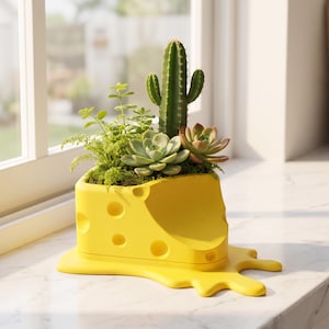 May include: A whimsical yellow cheese-shaped planter filled with a variety of succulents and a tall cactus. The planter has round holes and a melted cheese effect on the base. The plants are green and the planter is on a white surface.