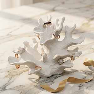 May include: A white coral-shaped ring holder displaying several rings of various designs. The rings are gold and silver, some with gemstones. A gold ribbon is draped nearby, and the background is a marble surface.