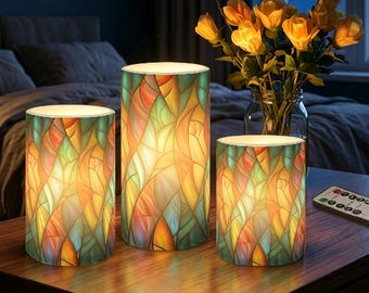Pilares LED de vitral con control remoto, velas sin llama impresas con UV, luces a pilas, juego de 4, 5 y 6 pulgadas, regalo de decoración para el hogar