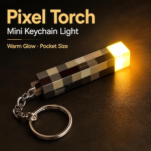 Pixel Torch Keychain Light, Mini Block Style Flashlight, Gamer Backpack Charm, USB Type-C or LR41 Battery, Gift for Game Lovers