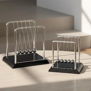 May include: Two Newton's cradle desk toys. The larger one has five steel balls and the smaller one has three. Both have a black base and a silver frame. The toys are displayed on a light-coloured, round table.
