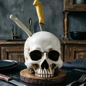 May include: A white skull-shaped kitchen utensil holder with three knives inserted. The skull rests on a wooden base, with a knife and two forks on the table. The background features a dark kitchen setting.