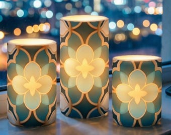 Blue Floral Pattern LED Lamp with Remote, Dimmable Battery Candle, Modern Cylinder Night Light, Elegant Home Decor Gift for Her,Wedding Gift