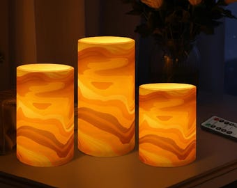 Amber Marble LED Candles with Remote, UV Printed Flameless Candle, Battery Operated Flickering Light, Home Decor Wedding, 4 5 6 Inch or Set
