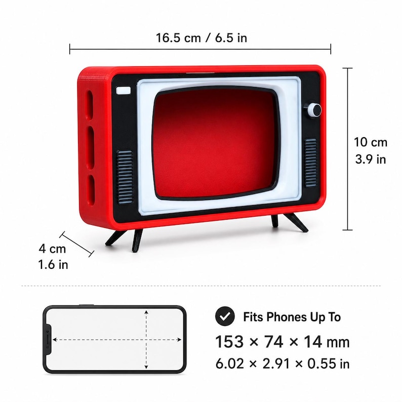 May include: A red and black retro-style television phone stand measuring 6.5 inches wide, 3.9 inches high, and 1.6 inches deep. It features a white screen frame and fits phones up to 6.02 by 2.91 by 0.55 inches. The stand has four small black legs.