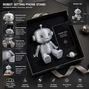 Puede incluir: Un soporte para teléfono con forma de robot plateado y ojos en forma de X, dentro de una caja de regalo negra. El set incluye un pequeño accesorio con forma de planeta y una tarjeta de agradecimiento. Dimensiones: 130mm, 135mm y 123mm.
