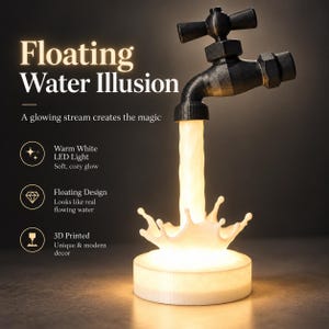 Puede incluir: Una lámpara impresa en 3D con un grifo gris oscuro suspendido sobre una base circular, con una estructura blanca translúcida que simula un chorro de agua y un efecto de salpicadura, iluminada por una luz LED blanca cálida interna.