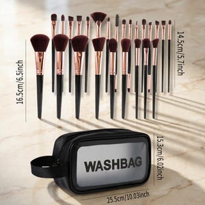 May include: A set of makeup brushes with black handles, rose gold ferrules, and dark brown bristles. The set includes a black washbag with the word "WASHBAG" printed on it. The washbag is 10.03 inches long.