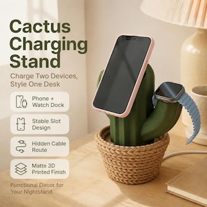 Cactus MagSafe Charging Stand, Apple Watch Dock & iPhone Holder, Cute Desk Organizer, Boho Nightstand Decor, 3D Printed Tech Gift for Her