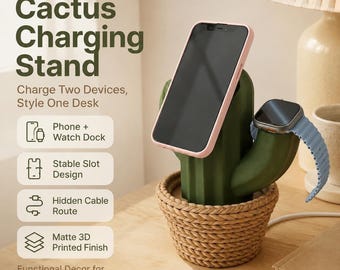 Soporte de carga MagSafe con forma de cactus, base para Apple Watch y soporte para iPhone, bonito organizador de escritorio, decoración bohemia para mesita de noche, regalo tecnológico impreso en 3D para ella.