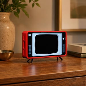 May include: A small, rectangular television-shaped device with a bright red outer frame and a white inner bezel surrounding a black screen. The unit features a single circular control knob on the right side and stands on four thin, black legs.