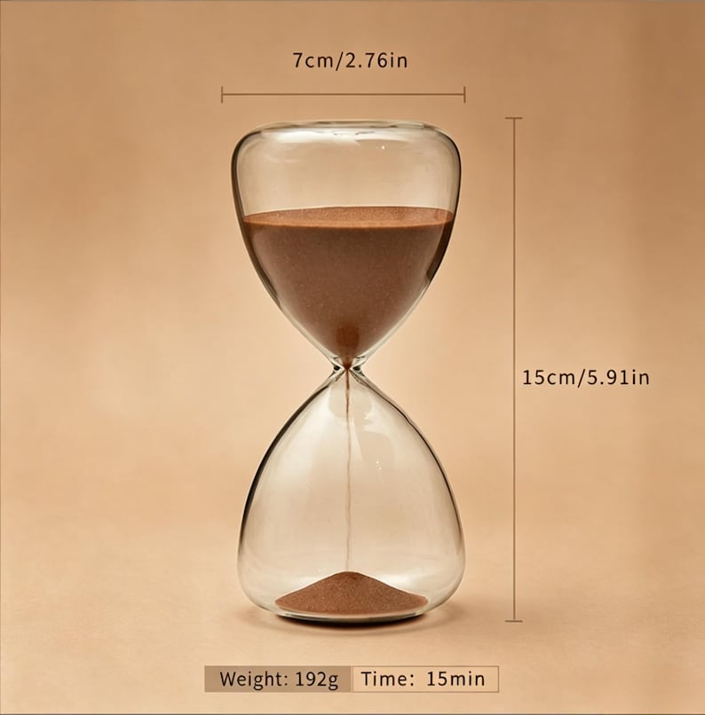 May include: Clear glass hourglass with brown sand. The hourglass is 15 inches tall and 2.76 inches wide. The weight is 192 grams, and the time is 15 minutes.