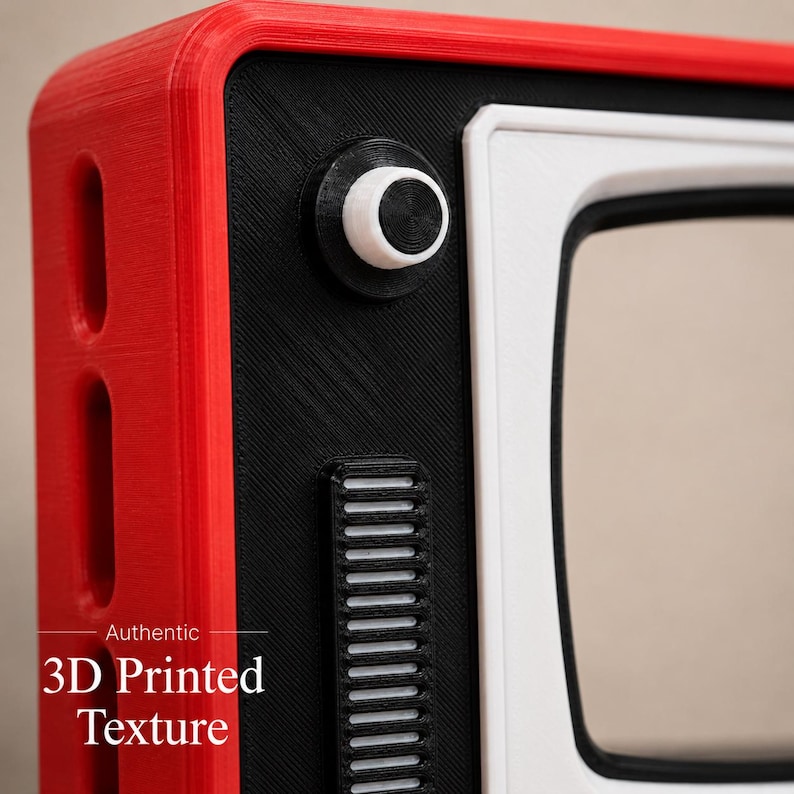 May include: A 3D printed television frame featuring a bright red outer casing, a black front panel with a white knob, and a vertical black speaker grille. The text Authentic 3D Printed Texture is printed in white on the red side of the frame.