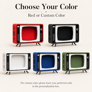 May include: Five television-shaped stands with white screens and black frames, available in red, black, white, blue, and olive green. The text reads: Choose Your Color, Red or Custom Color, and For custom color, please leave your preferred color in the personalization box.