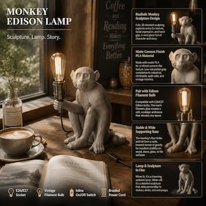 Luminária de mesa em formato de macaco, com estilo Edison, design industrial e escultural em cimento. Ideal para decoração wabi-sabi e como presente para ele.