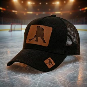 Custom Hockey Trucker Hat, Personalized Leather Patch, Hockey Fan Gift