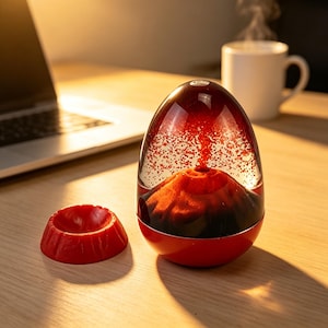 Peut inclure: Un presse-papier en forme d'œuf contenant un modèle réduit de volcan orange et noir. Le volcan est entouré de paillettes rouges en suspension dans un liquide. Une base circulaire rouge assortie est posée sur le côté gauche.