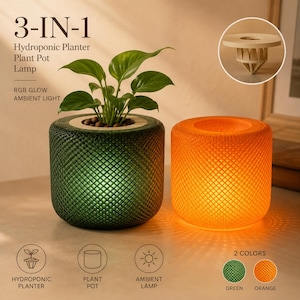Puede incluir: Una maceta hidropónica 3 en 1, tiesto y lámpara de ambiente con un exterior texturizado de patrón entrecruzado. El dispositivo brilla en verde o naranja, con una abertura central para una planta y un inserto circular para uso hidropónico.