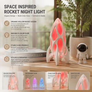 May include: A white, hollow, rocket-shaped night light with a four-legged base and an internal RGB light that glows in various colors. The rocket features a smooth, organic, 3D-printed structure with flowing curves and openings for light diffusion.