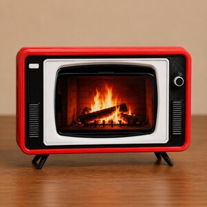 May include: A red and black television-shaped stand with a white frame, featuring a screen display of a burning fireplace with logs. The device is supported by four small black legs and includes a circular knob on the right side of the front panel.
