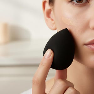 May include: A black, teardrop-shaped makeup sponge is held near a person's cheek, with a swatch of foundation visible. The sponge is being used to apply makeup. The background is blurred, suggesting a focus on the beauty product.