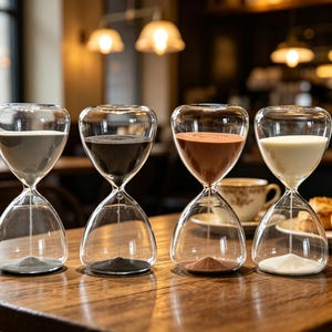 May include: Four clear glass hourglasses with different colored sand: gray, black, reddish-brown, and white. The hourglasses are on a wooden table, with a blurred background of a cafe setting.