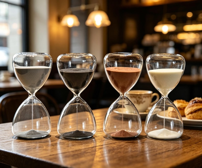 May include: Four clear glass hourglasses with different colored sand: gray, black, reddish-brown, and white. The hourglasses are on a wooden table, with a blurred background of a cafe setting.