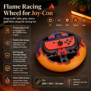 May include: A circular racing wheel accessory for a Joy-Con controller, featuring a black and orange flame design with a central letter M. The device includes a red controller insert, measures 160 x 160 x 26 mm, and has a vented side structure.
