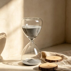 May include: A clear glass hourglass with gray sand inside. The hourglass has a bulbous top and bottom, connected by a narrow neck. Two wooden coasters and a beige cloth are next to the hourglass. The background is a neutral color with shadows.