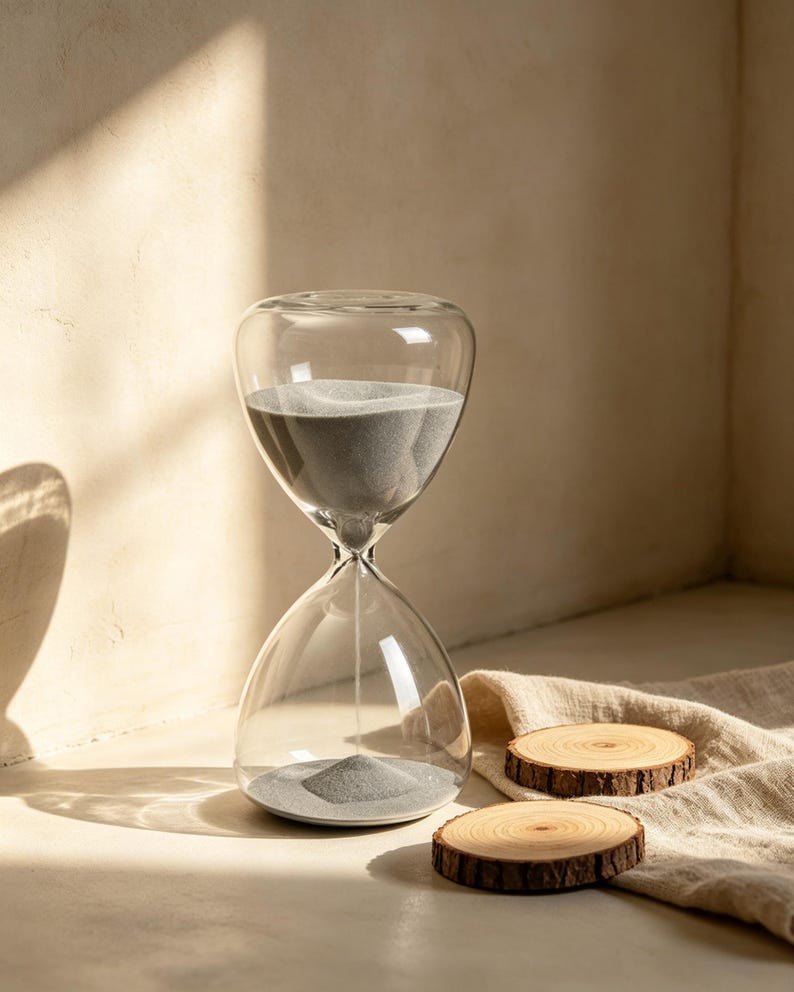 May include: A clear glass hourglass with gray sand inside. The hourglass has a bulbous top and bottom, connected by a narrow neck. Two wooden coasters and a beige cloth are next to the hourglass. The background is a neutral color with shadows.