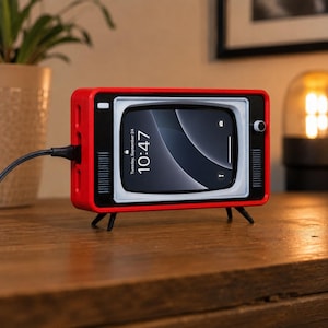 May include: A red smartphone stand designed to resemble a vintage television set with a white screen frame, black speaker grilles, and a small control knob. A smartphone is inserted into the stand, displaying the time 10:47 and the date Tuesday, September 24.